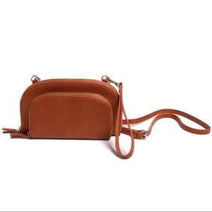 Burano • Oval Double Pocket Crossbody Wristlet Purse • Cognac Brown Leather